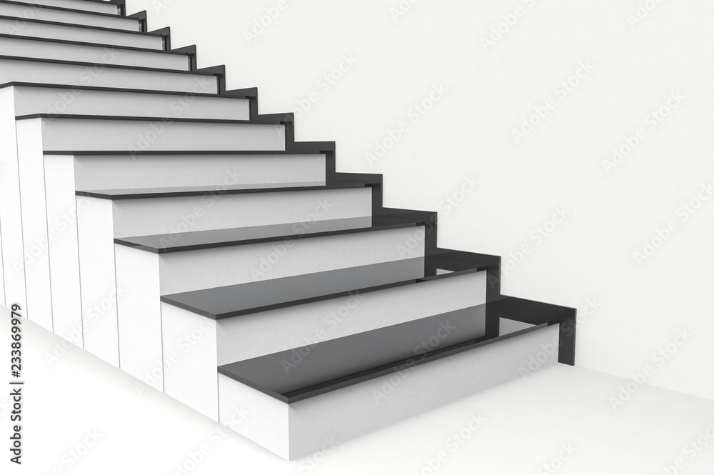 3d rendering. perspective view of modern black plate on white cement stairs background. 3d rendering. perspective view of modern black plate on white cement stairs background.