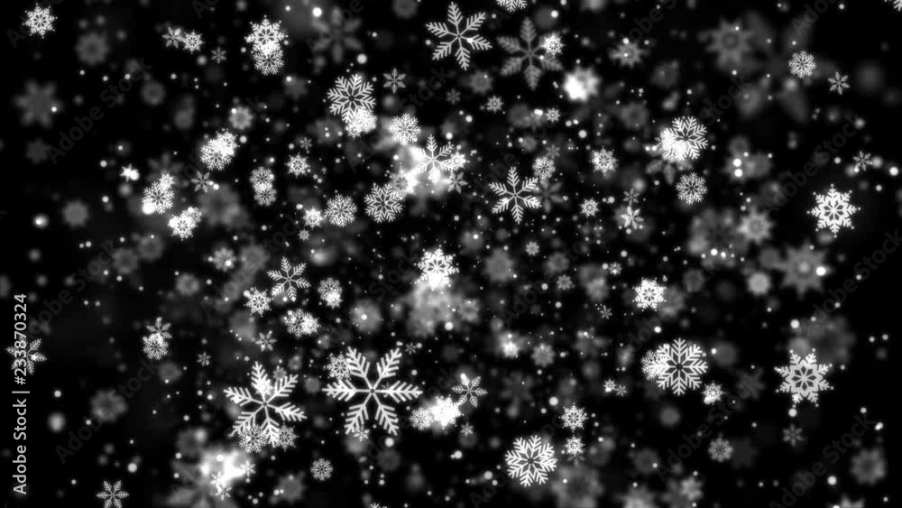 Winter, new Year and Christmas black and white background. Abstract and Blurred snowflakes. Holiday Background. 4K looped animation