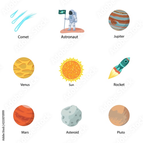 Space discovery icon set. Flat set of 9 space discovery vector icons for web design isolated on white background