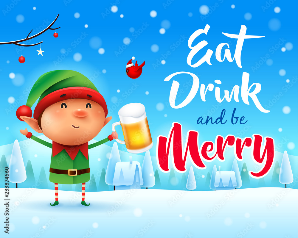 Fototapeta premium Merry Christmas! Little elf with beer in Christmas snow scene winter landscape.