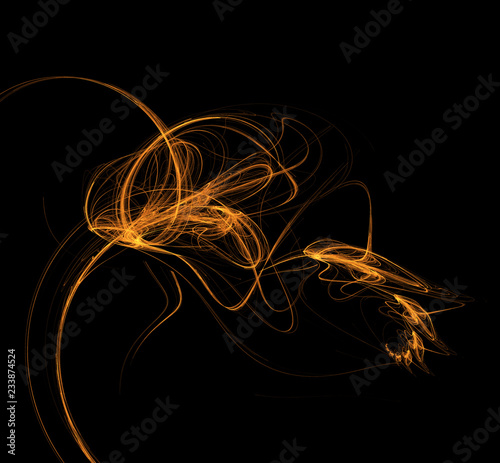 Orange fractal illustration on black background. Digital art. 3D rendering. Computer generated image.