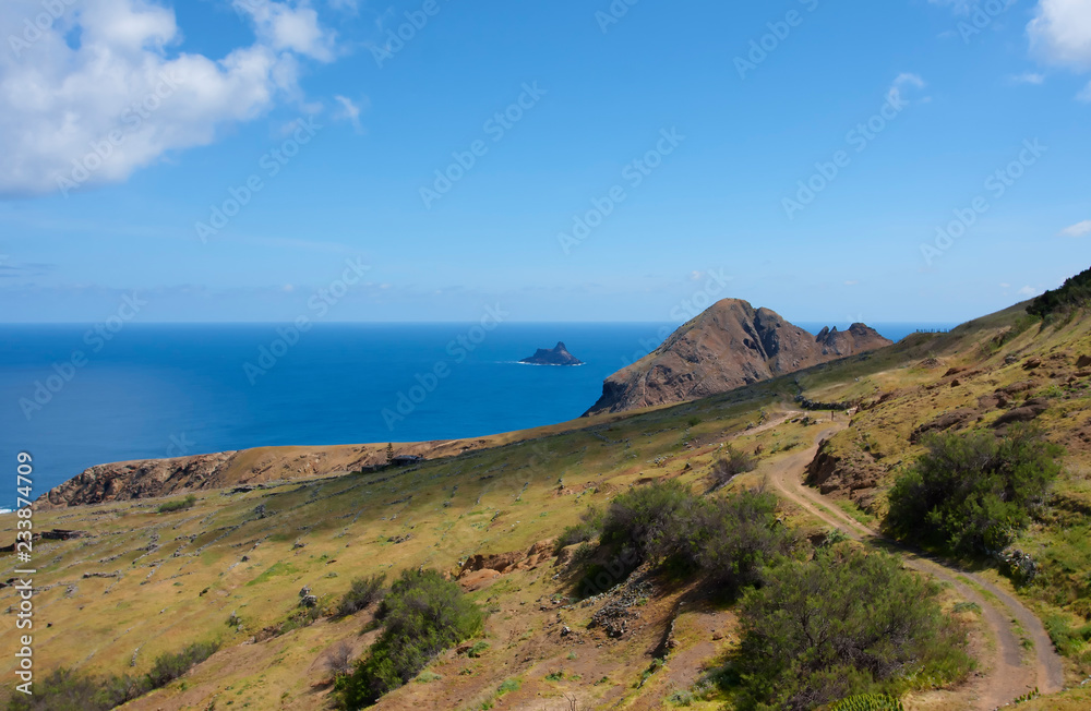 Mountainous island Porto Santo in the Atlantic Ocean. Portugal. Ocean view from the mountain island Porto Santo. Mountainous island Porto Santo in the Atlantic Ocean. Portugal. Ocean view from the mountain island Porto Santo.