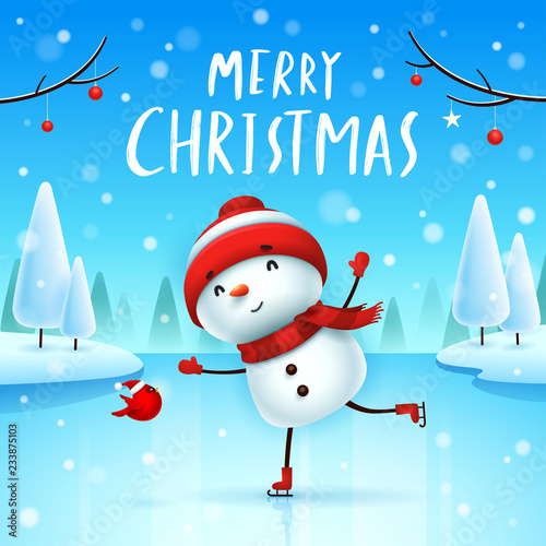 Merry Christmas! Cheerful snowman on skates in Christmas snow scene winter landscape.
