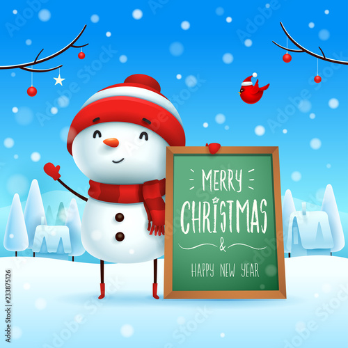 Merry Christmas! Cheerful snowman with message board in Christmas snow scene winter landscape.