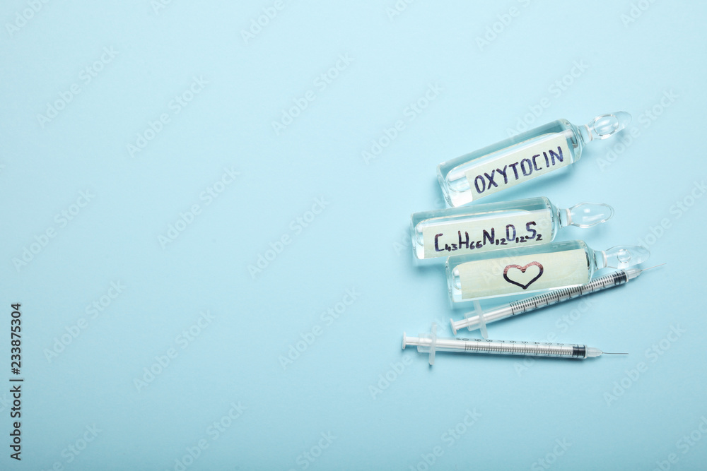 Obraz premium Chemical oxytocin discovery. Love analysis, hormone. Copy space for text.