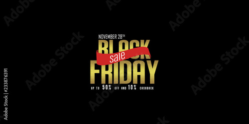 Black Friday sale  banner  poster  logo. Luxury gold text. golden text with dark background and red ribbon bow.