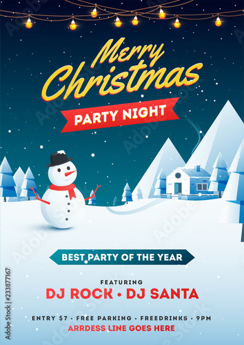 Merry Christmas Party Night flyer or template design, illustration of snowman and snow capped home on winter landscape background with time and venue details.