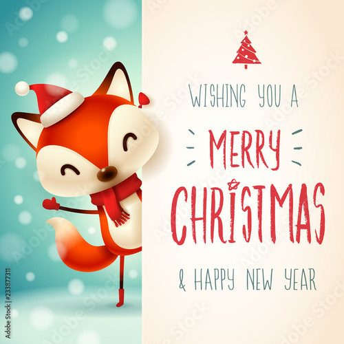 Cute little fox with big signboard. Merry Christmas calligraphy lettering design. Creative typography for holiday greeting.