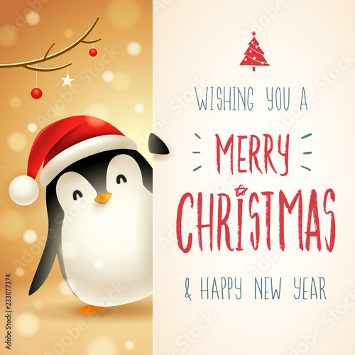 Cute little Penguin with big signboard. Merry Christmas calligraphy lettering design. Creative typography for holiday greeting.
