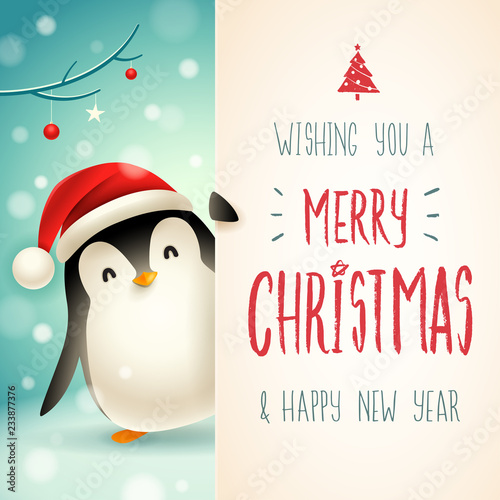 Cute little Penguin with big signboard. Merry Christmas calligraphy lettering design. Creative typography for holiday greeting.