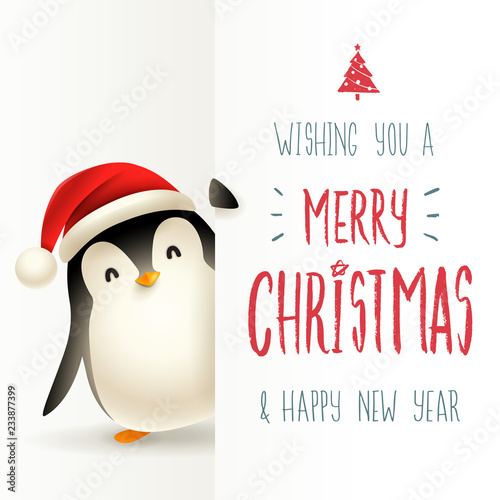 Cute little Penguin with big signboard. Merry Christmas calligraphy lettering design. Creative typography for holiday greeting.