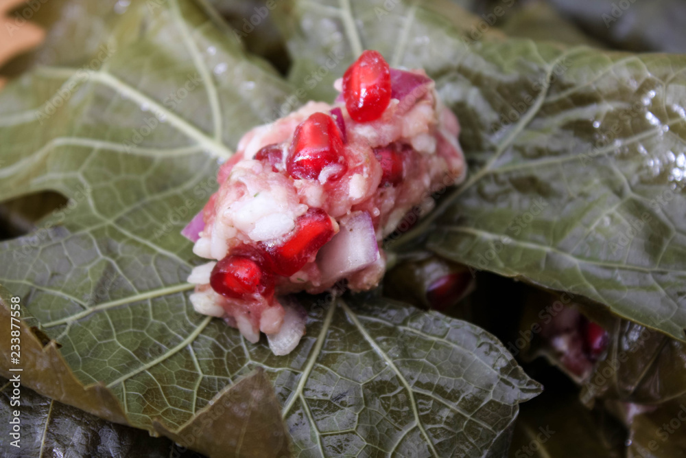 Dolma, stuffed grape leaves with rice, meat and pomegranate. Dolma, stuffed grape leaves with rice, meat and pomegranate.