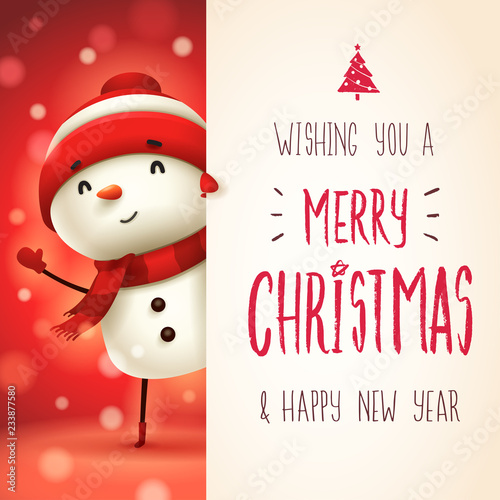 Cheerful snowman with big signboard. Merry Christmas calligraphy lettering design. Creative typography for holiday greeting.