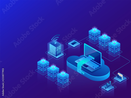 Data management concept based isometric design, 3d illustration of web servers with cloud server connected to laptop on shiny blue background.