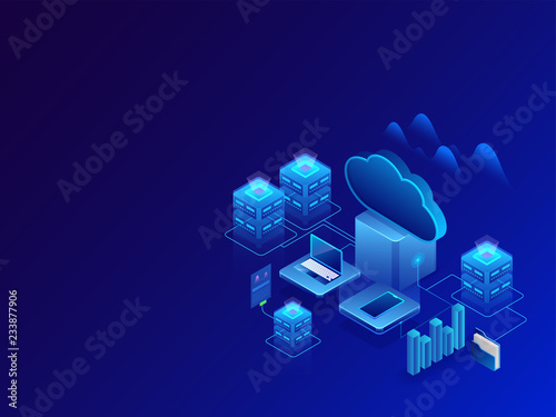3D illustration of web servers with cloud server connected to laptop and smartphone on shiny blue background for data management concept based isometric design.
