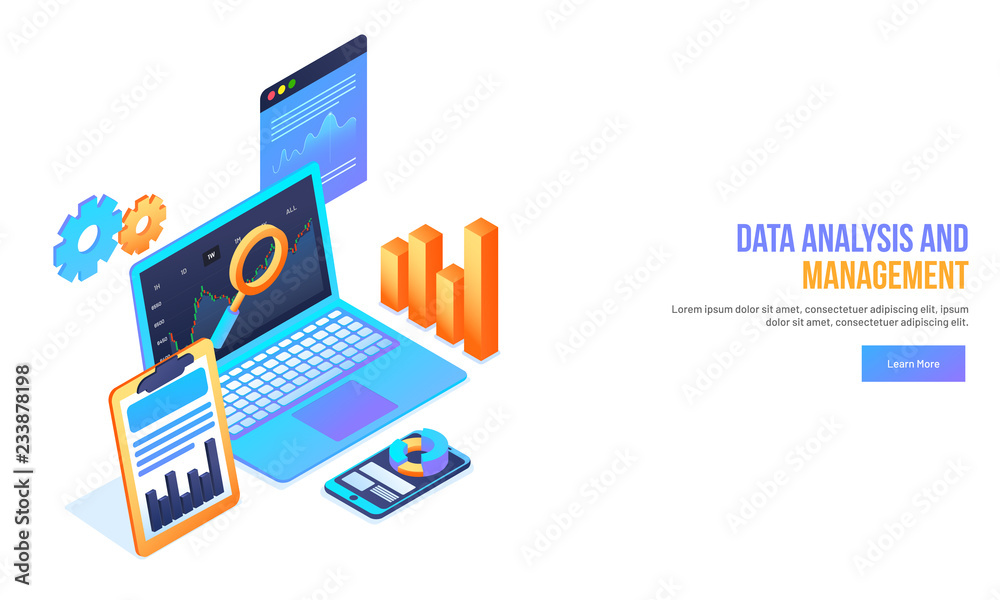 Analyst or developer workplace, isometric illustration of laptop with infographic elements for Data Analysis and Management concept.