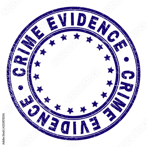 CRIME EVIDENCE stamp seal imprint with distress texture. Designed with round shapes and stars. Blue vector rubber print of CRIME EVIDENCE title with dirty texture.