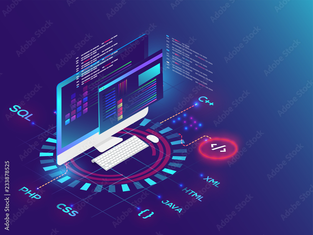 3D illustration of desktop with different programming language on  futuristic background for Coding and Programming concept. Stock Vector |  Adobe Stock