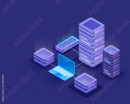 3D data server connected with laptop and mini server on blue background for Data Center concept.