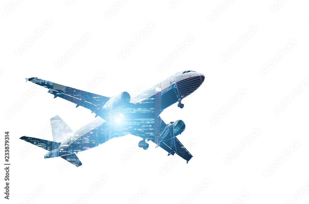 double exposure commercial airplane with night skyscrapers of megapolis background. isolate on white background