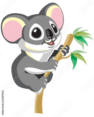 Cute happy koala hangs on a branch. Cartoon vector illustration for baby and little kid