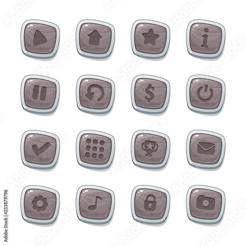Set of 16 stone icons in white frames isolated on white background for game user interface. Mobile app vector elements template in cartoon style.