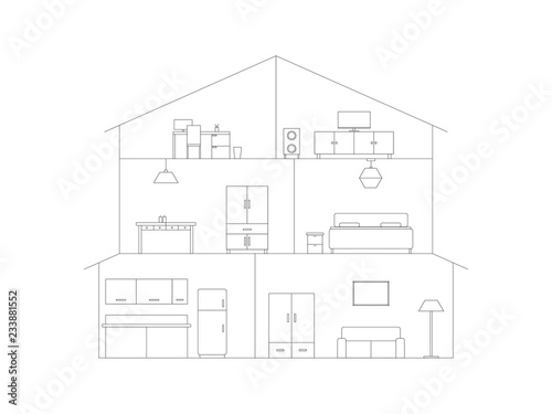 House interior with furniture cross sectional view line drawing vector