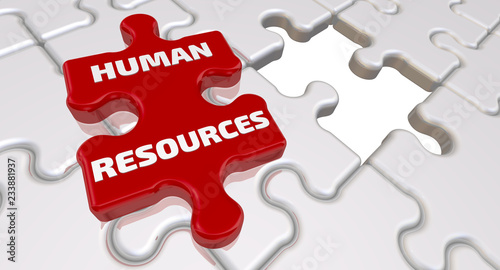 Human resources. The inscription on the missing element of the puzzle. Folded white puzzles elements and one red with word HUMAN RESOURCES. 3D Illustration