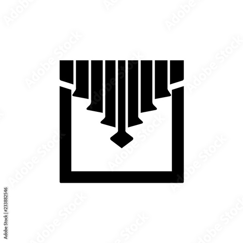 Black & white vector illustration of fabric curtain with central drapery. Blind with jabot cascade. Flat icon of window shade. Isolated object