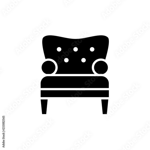 Black & white vector illustration of comfortable tufted armchair. Flat icon of arm chair seat. Upholstery furniture. Isolated object