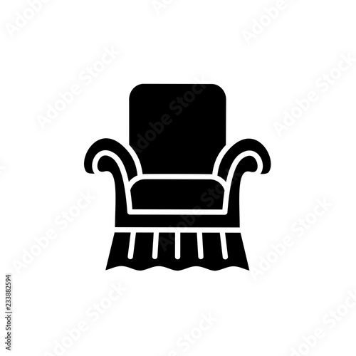 Black & white vector illustration of vintage style armchair with high back. Flat icon of arm chair seat. Upholstery furniture. Isolated object