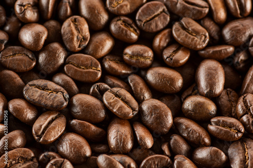 Brown roasted coffee beans  seed on dark background. Aroma  black caffeine drink. Closeup isolated energy mocha  cappuccino ingredient.
