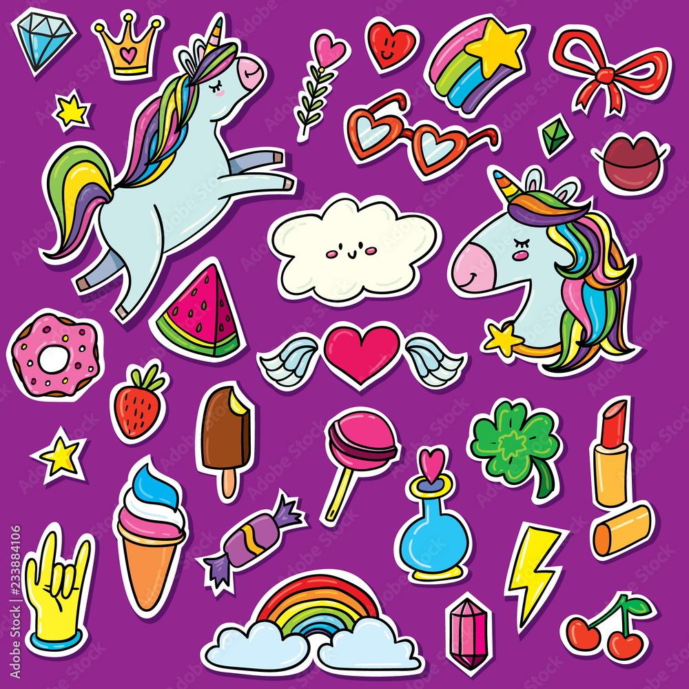 Fashion patch badges with unicorns, hearts, gems, rainbow and other  elements for girls. Set of stickers, pins, patches in cartoon 80s-90s comic  style. Outlined sweets, diamond, rainbows, crown. Stock Illustration | Adobe