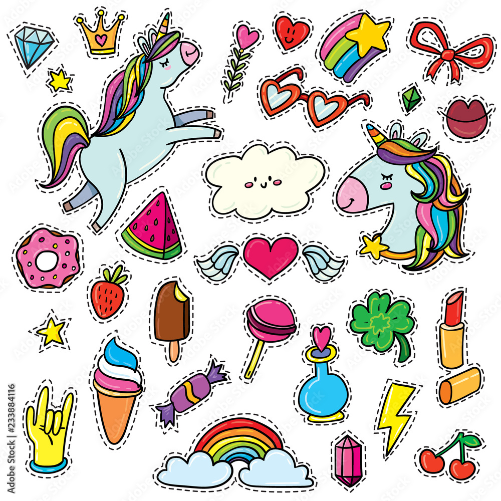 Big isolated set with animals, characters and things. Hand-drawn stickers,  pins, emoji in cartoon 80s-90s comics style doodle with unicorns, rainbows,  stars, gems, lollipops, hearts. Stock Illustration | Adobe Stock