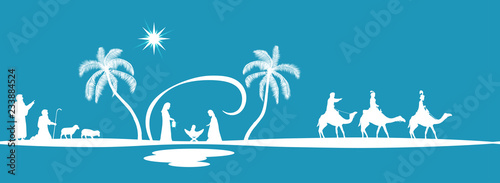 Christmas time. Seamless border of nativity scene with Mary, Joseph, baby Jesus, shepherds and three kings.