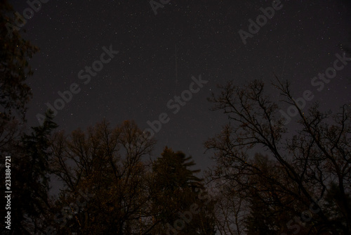 View of cassiopeia constellation above forest trees in northern sky. Autumn Night sky above trees in Germany. Starry autumn night. Starry night with satellite streaks