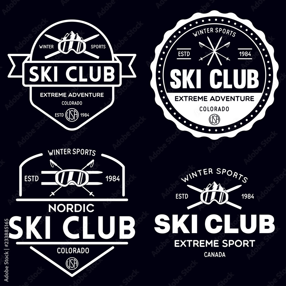 Vintage ski or winter sports logos, badges, emblems, design elements. Vector illustration. Monochrome Graphic Art.