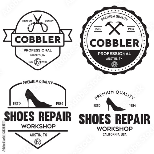 Vector set of vintage logos, labels, badges, emblems or logotypes elements for shoemaker, shoes shop and shoes repair.