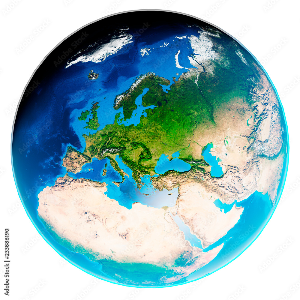 3d illustration of our planet Earth with shadows and without clouds isolated on white background. Scenic view of Europe continent from space. Elements of this image furnished by NASA.