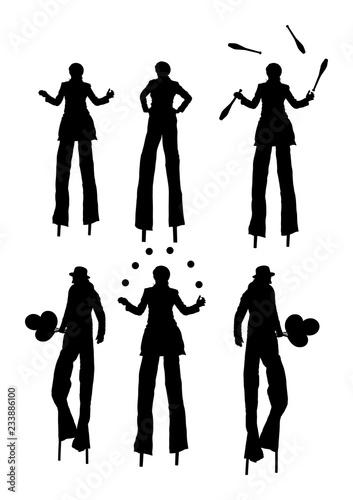 Clown on stilts with balloons vector silhouette isolated on white background. Street actor illustration. Juggler artist vector, Juggling with balls and pins. Clown in circus. Performer Artist acrobat.