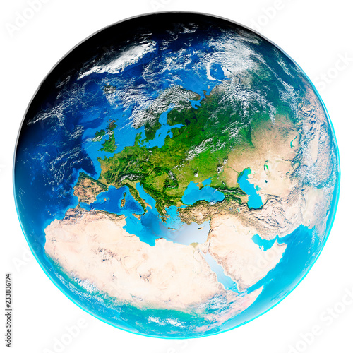 3d illustration of our planet Earth with shadows covered by clouds isolated on white background. Scenic view of Europe from space. Elements of this image furnished by NASA.