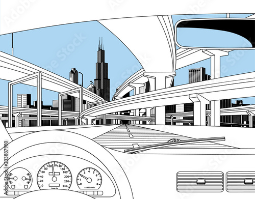 View from inside the car on the highway overpass and city skyline