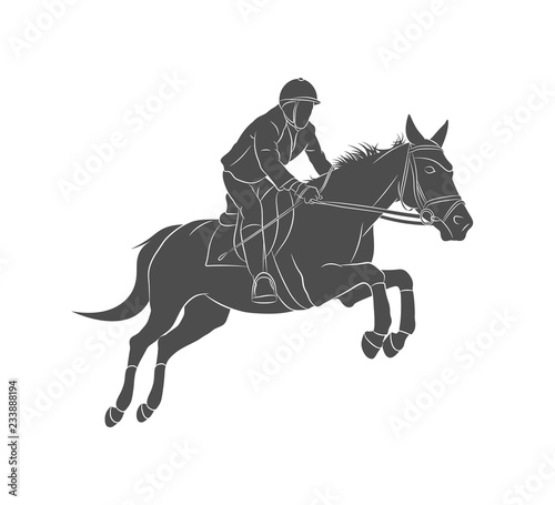 Equestrian Sports, Horse jumping, Show Jumping, Horse with jockey rider jumping over hurdle on competition