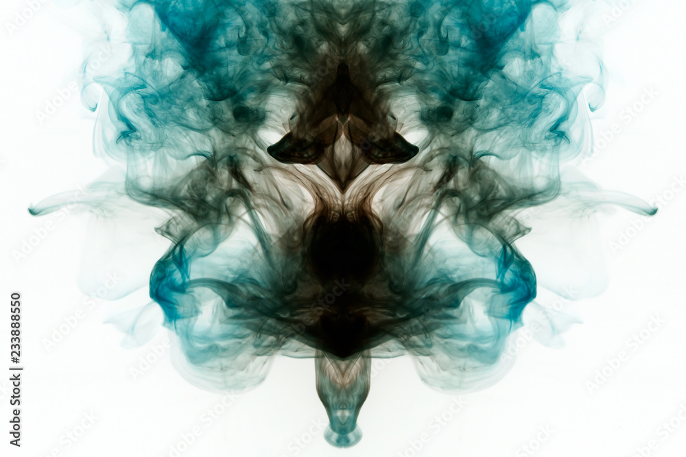 Background of colored smoke of turquoise, blue and dark red color soaring at the top in the form of a mystical figure resembling a man on a white isolated background. Abstract pattern of steam.