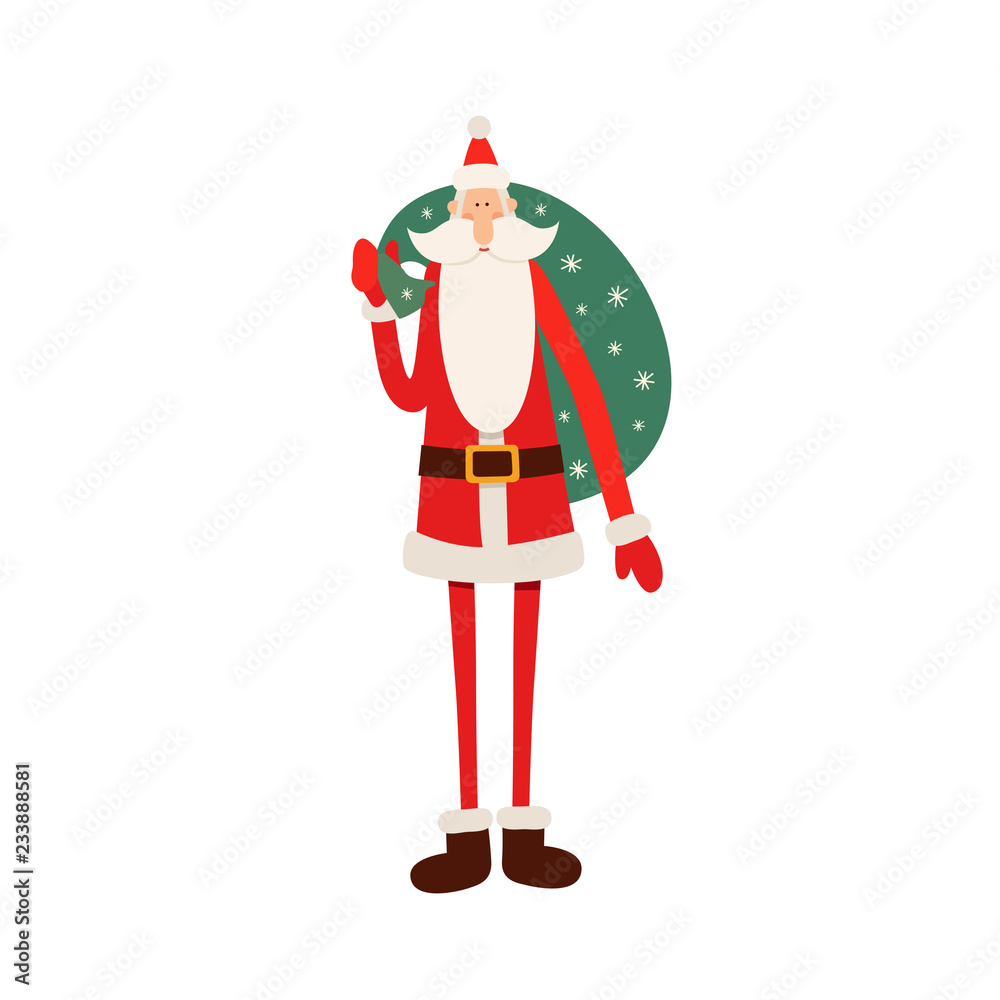 Funny cartoon Santa Claus with a bag of gifts over his shoulder on isolated white background. Suitable for greeting New Year and Christmas cards, posters. Vector illustration in flat style. Funny cartoon Santa Claus with a bag of gifts over his shoulder on isolated white background. Suitable for greeting New Year and Christmas cards, posters. Vector illustration in flat style.