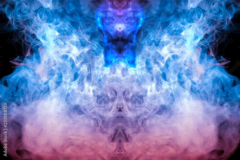 A background of pink, blue and white wavy smoke in the shape of a ghost's head or a man of mystical appearance on a black isolated ground. Bright abstract pattern of steam from vape.