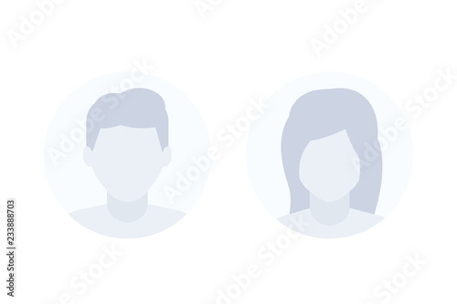 Avatars, default photo placeholders, man and female profile vector pictures