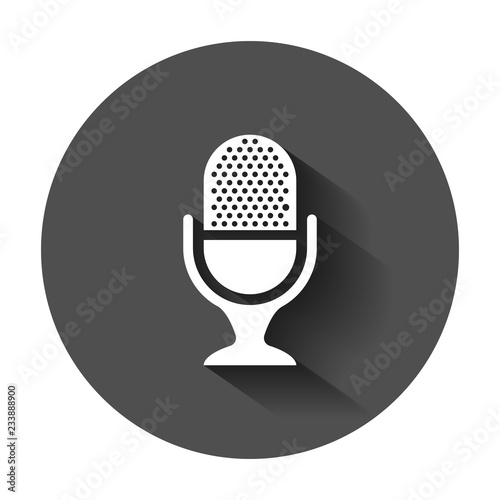 Microphone icon in flat style. Mic broadcast vector illustration with long shadow. Microphone mike speech business concept.