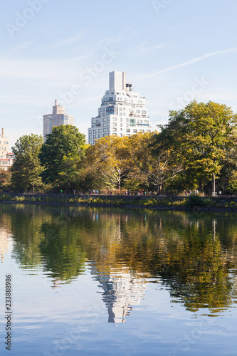 Jackie Onassis Reservoir. The view across the Jackie Onassis Reservoir in Central Park, New York City on a still autumn morning.