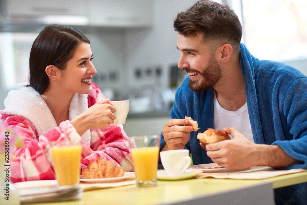 Morning in kitchen with breakfast together. Morning in kitchen with breakfast together.